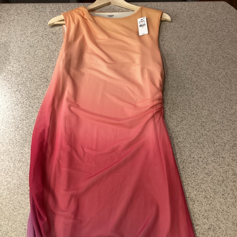 Express Ombré Mesh High Neck Sleeveless Ruched Sheath Dress - Picture 9 of 11